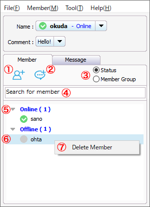Messenger Online Help - Member and Message Tabs - Member Tab